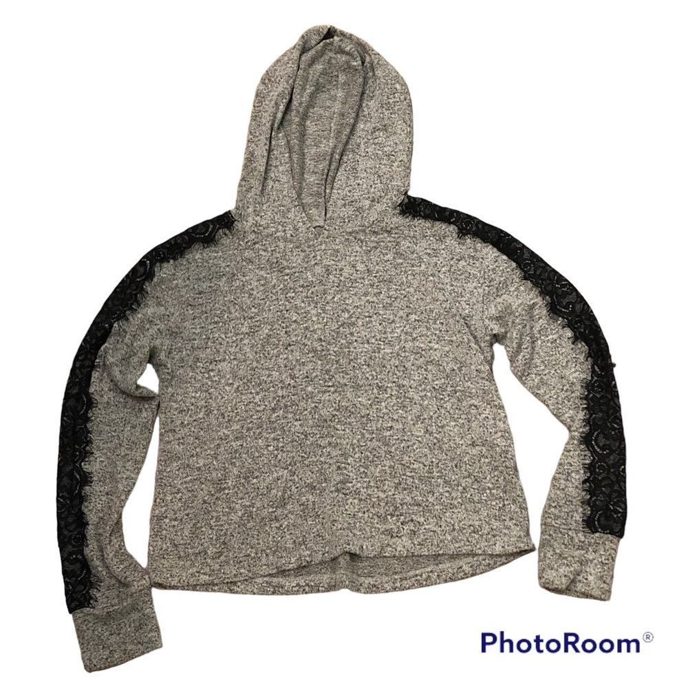 Justice Cropped Hoodie Soft Grey with Black Lace Sleeve Trim Size 10